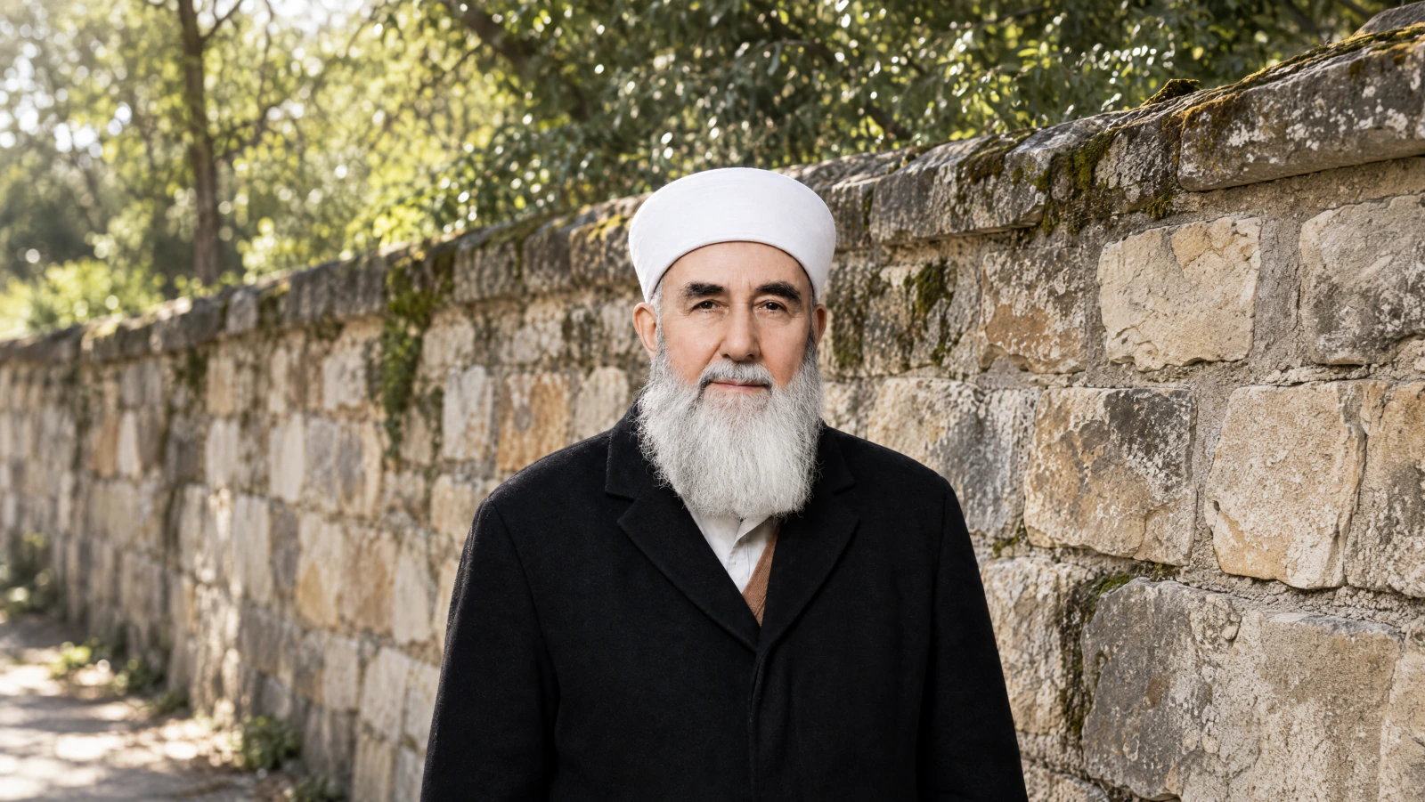 Mehmed Zahid Kotku standing before a stone wall
